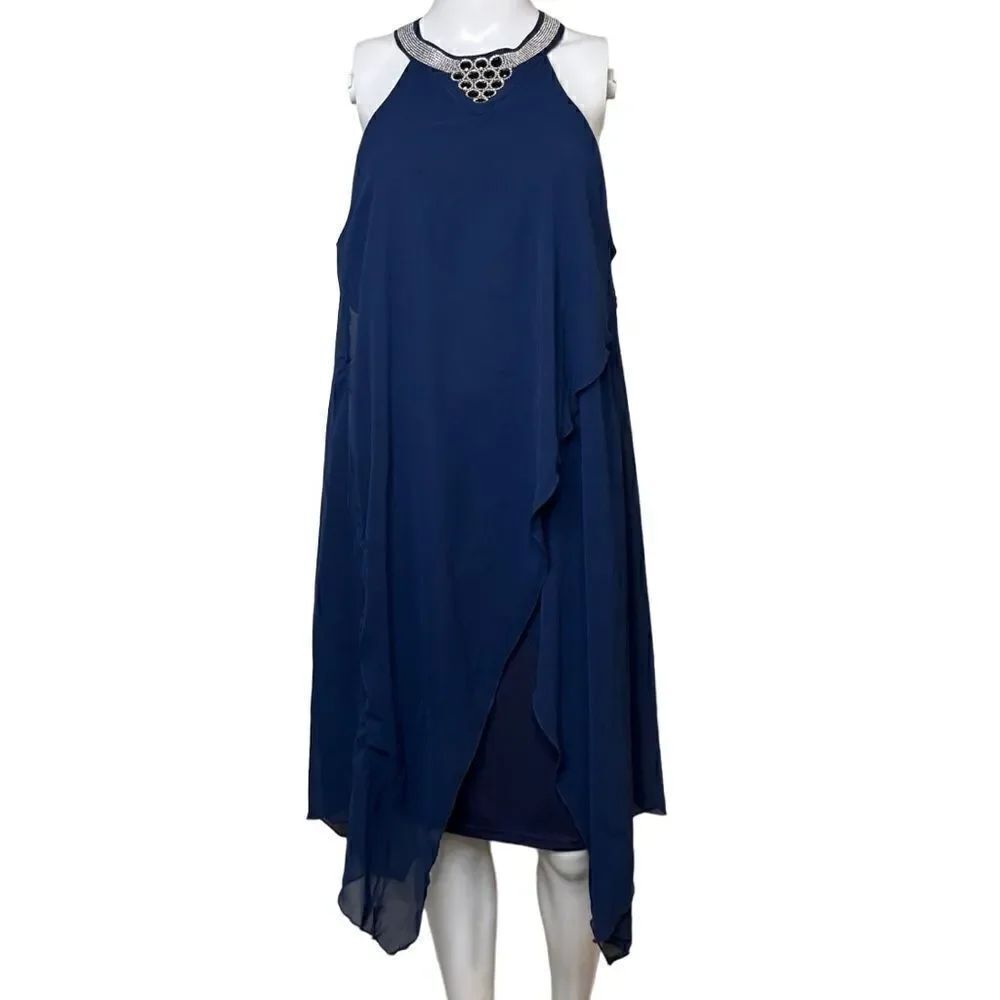 Jeweled High Neck Asymmetrical Knee Length Dress Blue Size Medium
